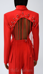 Flowering Girl Women Vienna Cutout Fringe Backless Blazer In Red