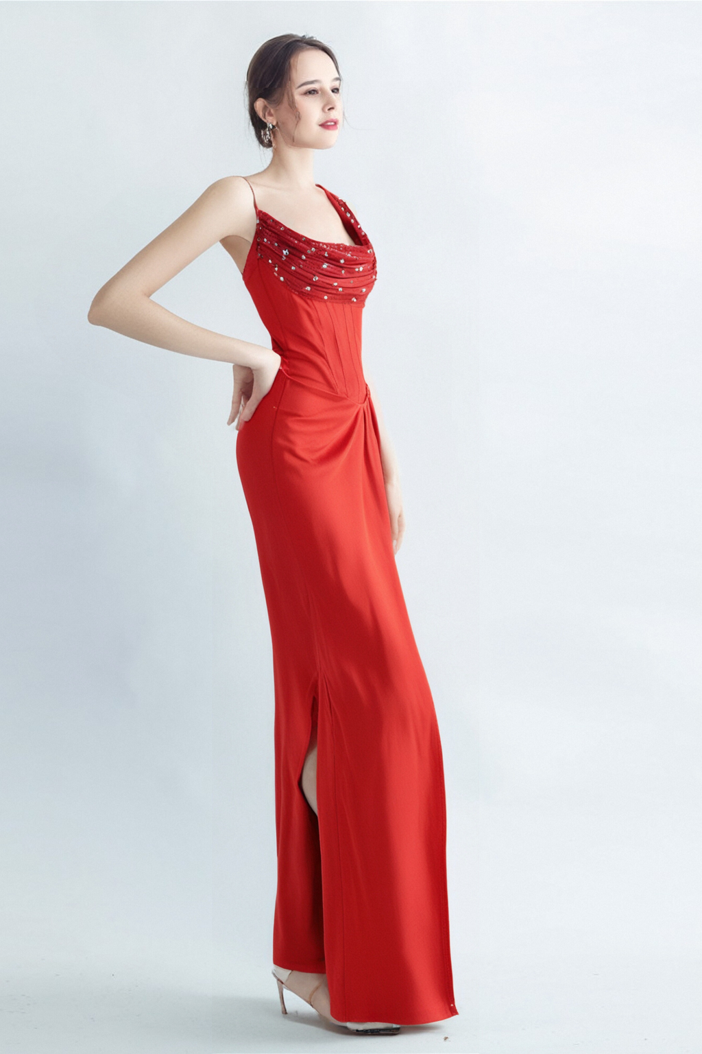 Flowering Girl Women Elma One-Shoulder Crystal Detail High Slit Maxi Dress In Red