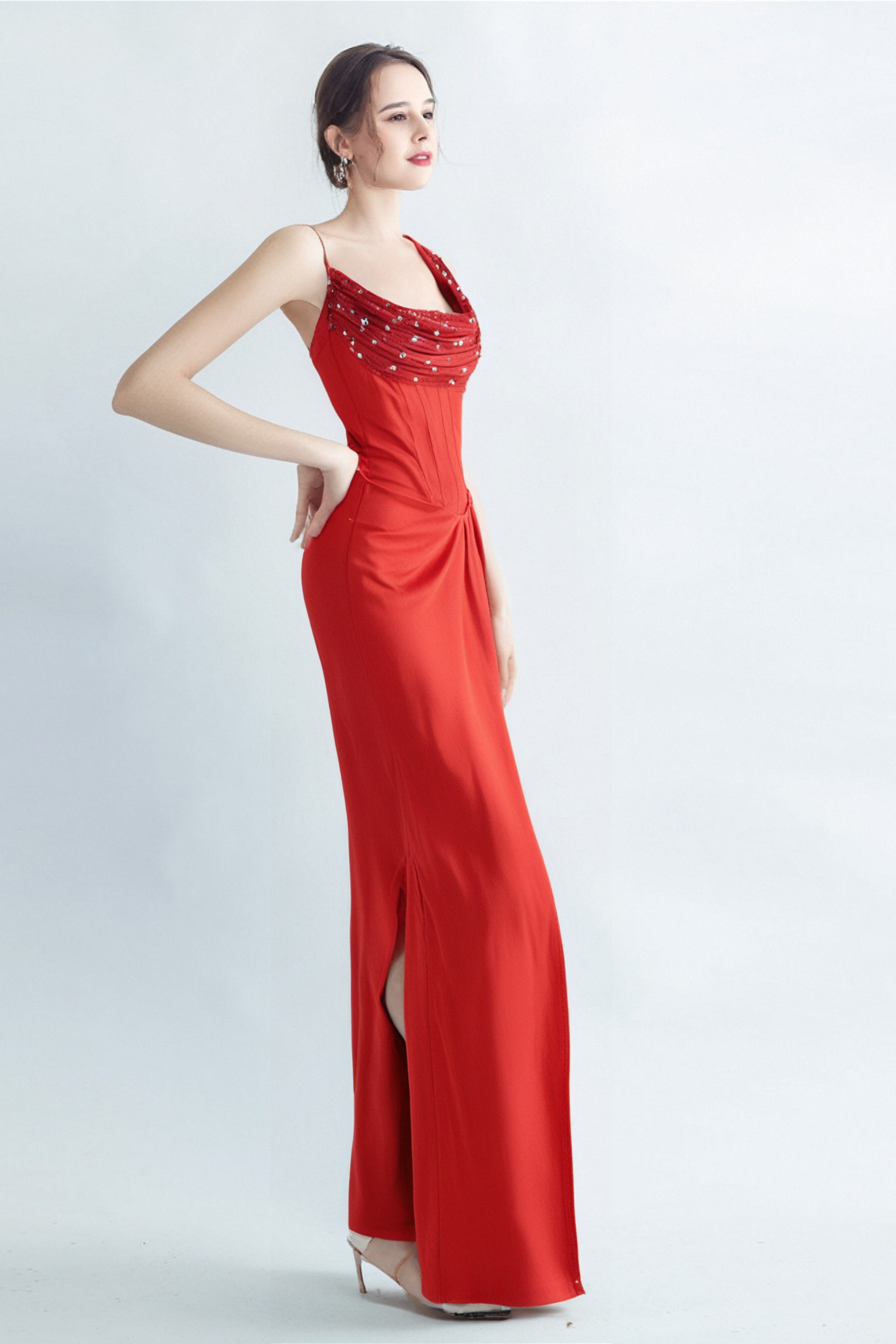Flowering Girl Women Elma One-Shoulder Crystal Detail High Slit Maxi Dress In Red