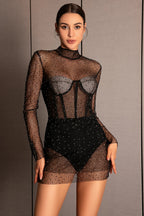 Flowering Girl Women Anthide Mesh See-Through Rhinestone Bodysuit