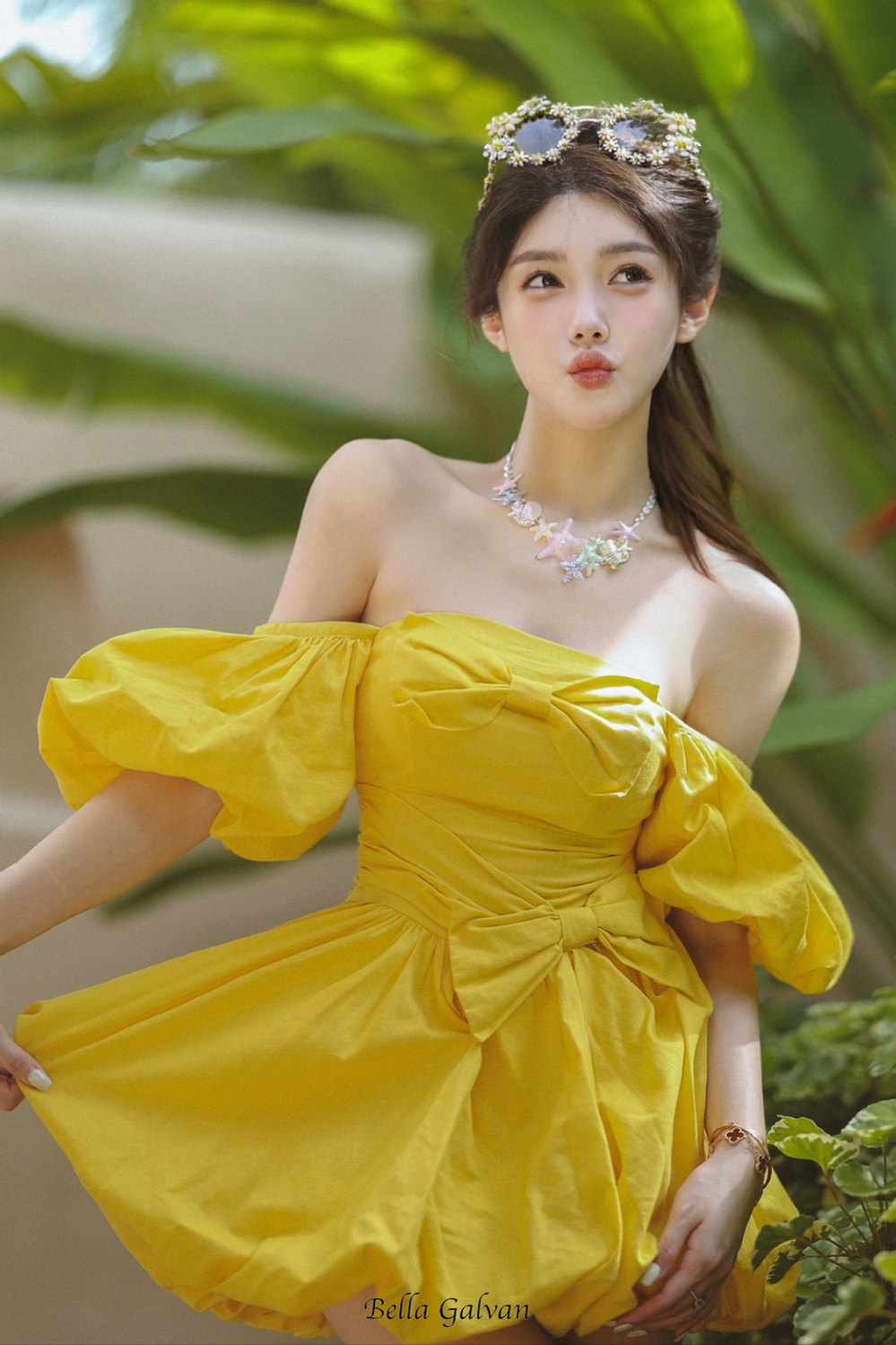 Flowering Girl Women Bonnie puff strapless Mini Dress in yellow