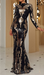 Flowering Girl Women Sequin Long Sleeve bodycon Maxi Dress in black