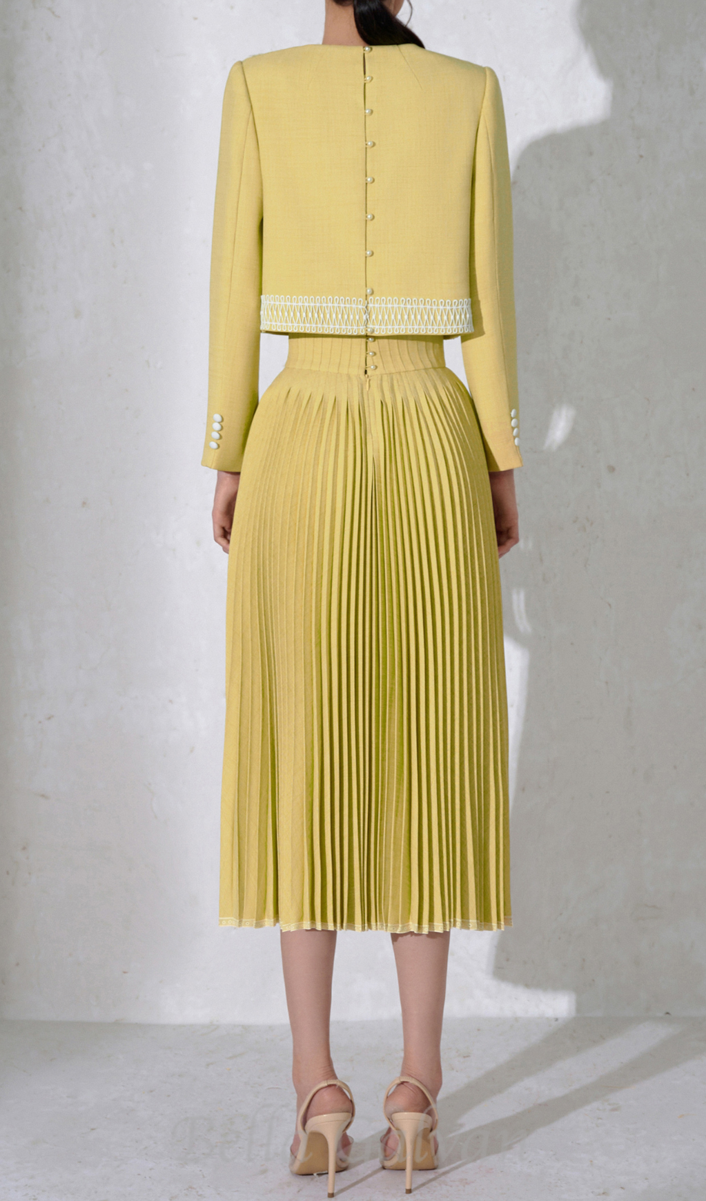 Flowering Girl Women draped top pleat skirt set in yellow