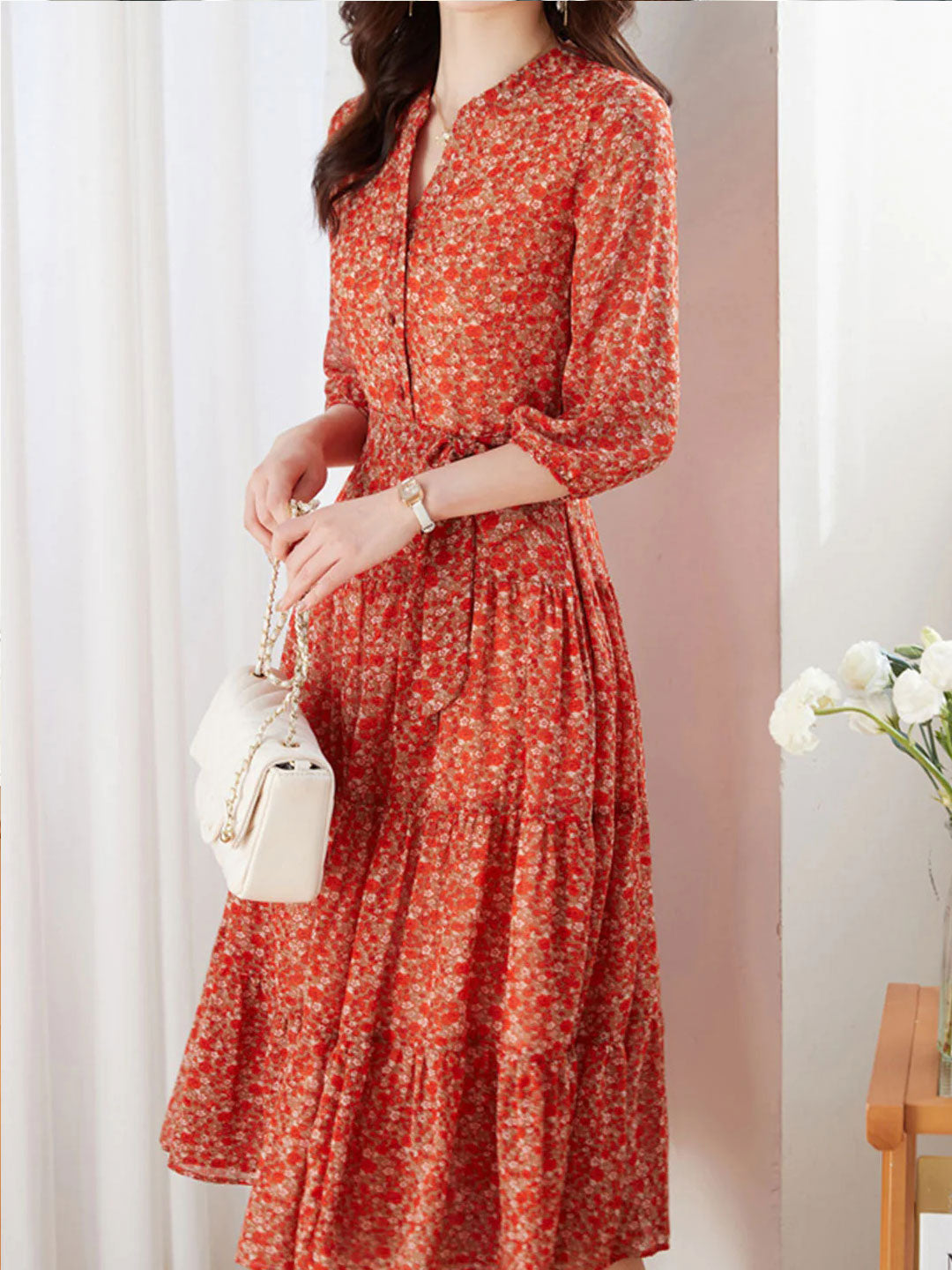 Flowering Girl Women lyuba Vintage Ruffle Floral Chiffon Maxi Dress