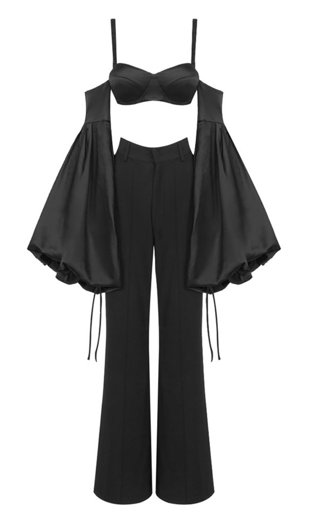Flowering Girl Women Bubble Sleeve Two Piece Suit In Black