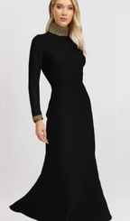 Flowering Girl Women YVONNE LONG SLEEVE GOLD BEAD BANDAGE MIDI DRESS IN BLACK
