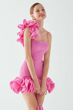 Flowering Girl Women Ruffle One Shoulder Mini Dresses In Pink