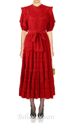 Flowering Girl Women Lace ruffle trim layer midi dress in red