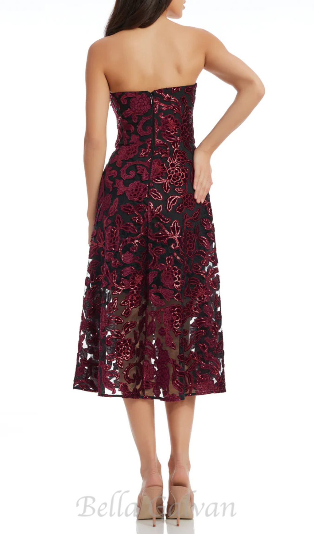 Flowering Girl Women floral print strapless bustier midi dress in burgundy