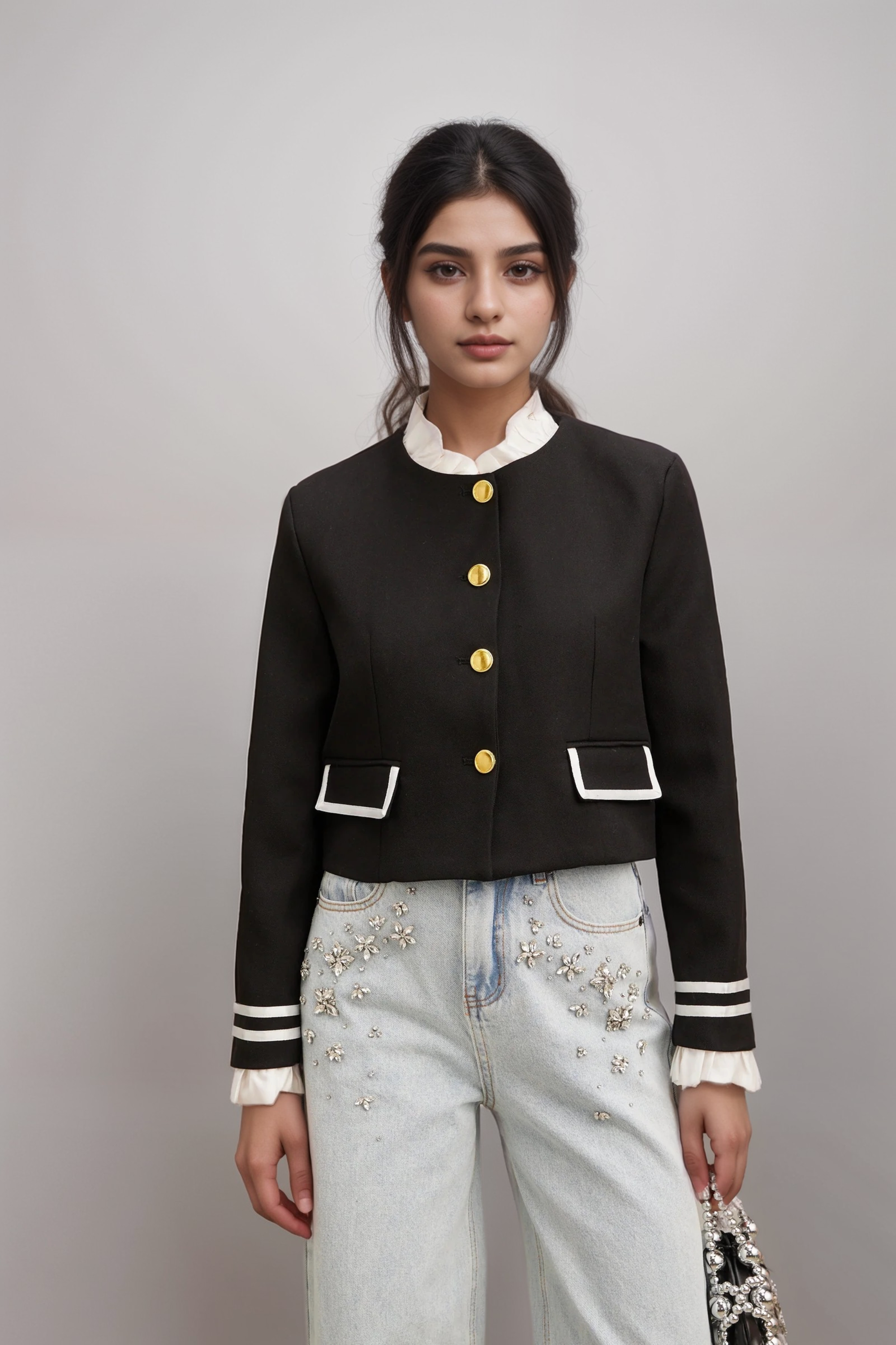 Flowering Girl Women Géraldine Black Ruffled-Trim Jacket