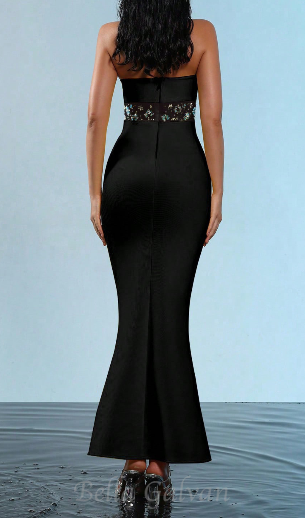 Flowering Girl Women mesh splice rhinestone decor black maxi bandage dress