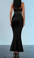 Flowering Girl Women mesh splice rhinestone decor black maxi bandage dress