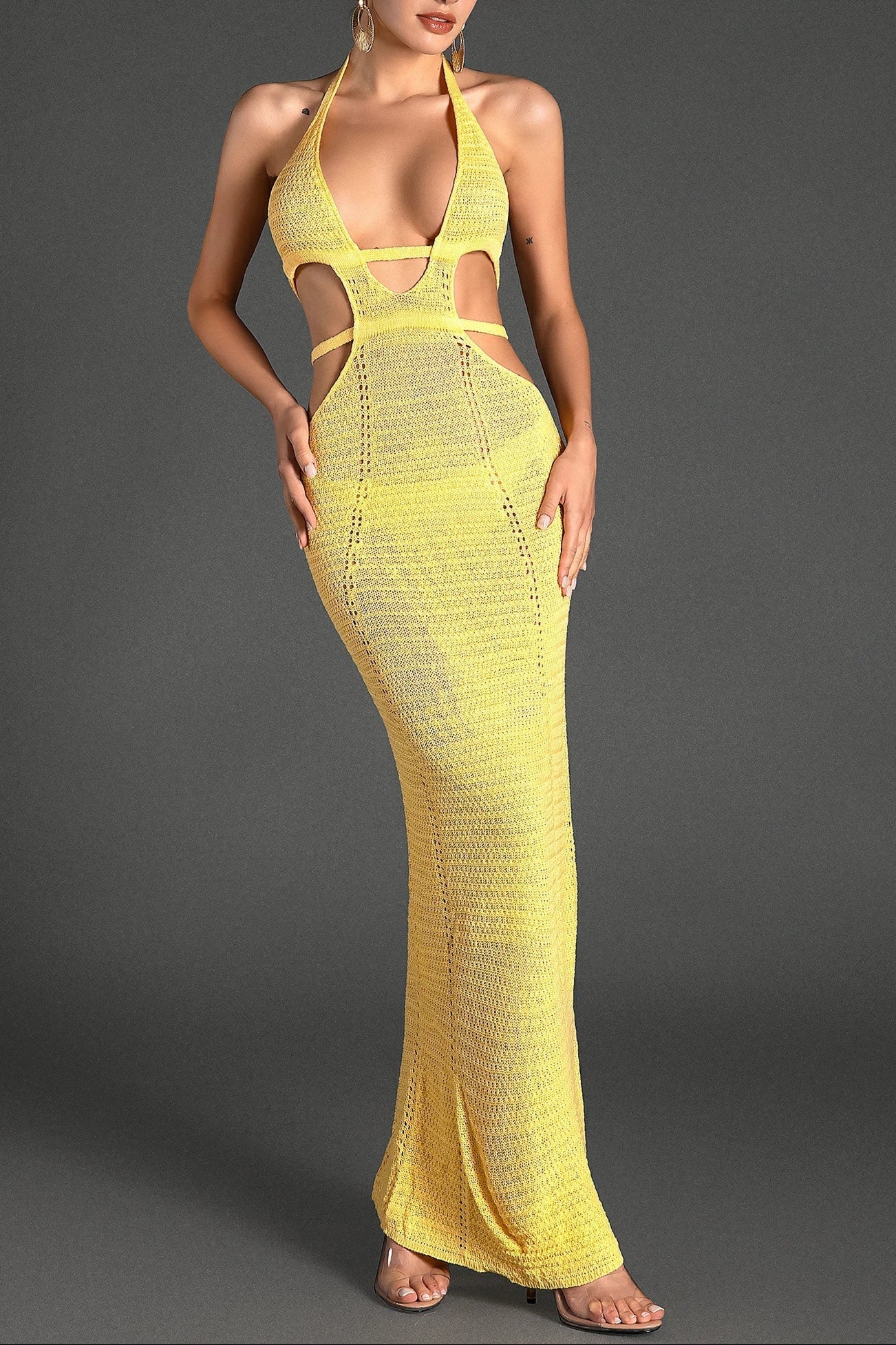 Flowering Girl Women Biridi Halter Sheer Knit Dress In Yellow