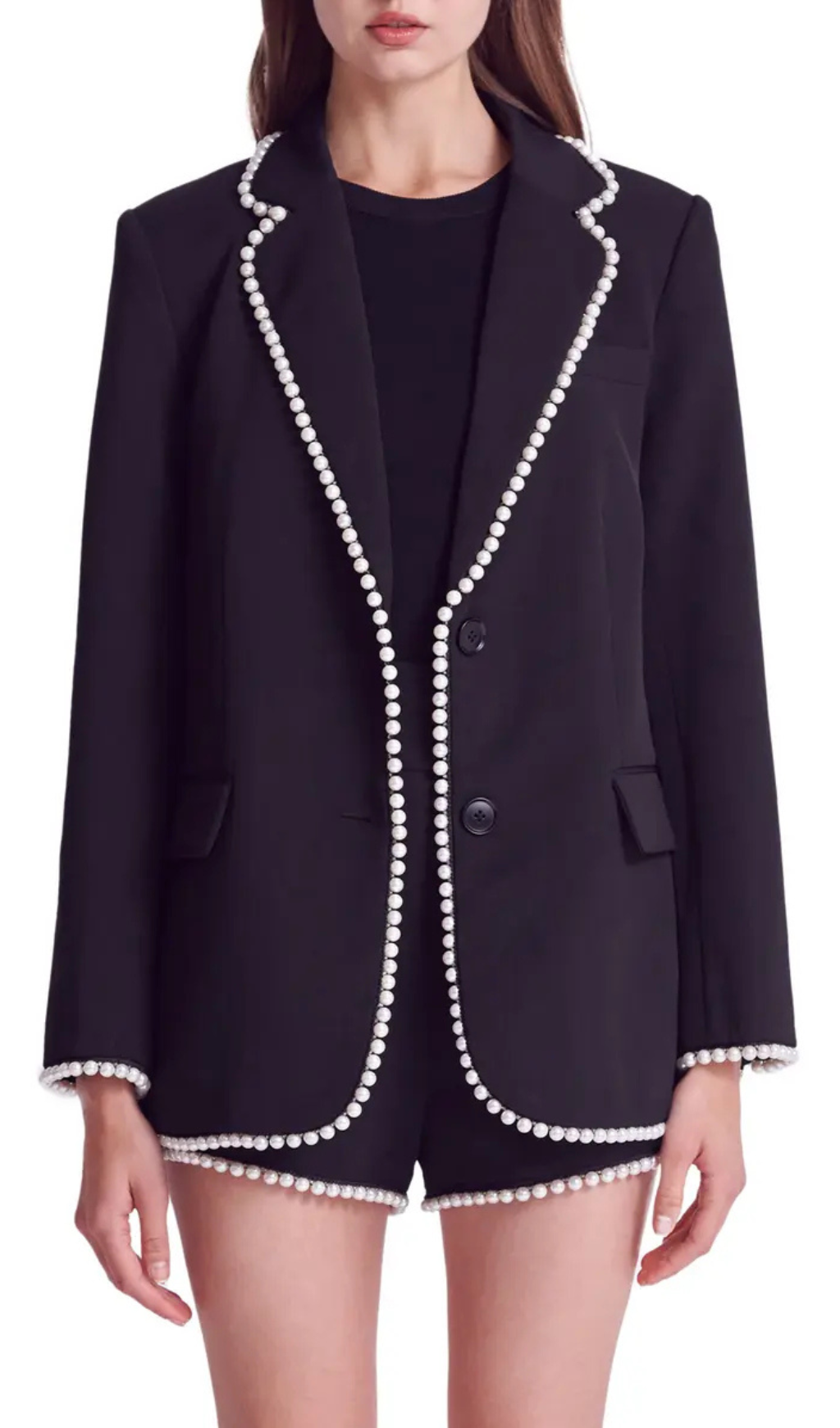 Flowering Girl Women Imitation Pearl Trim Blazer In Black