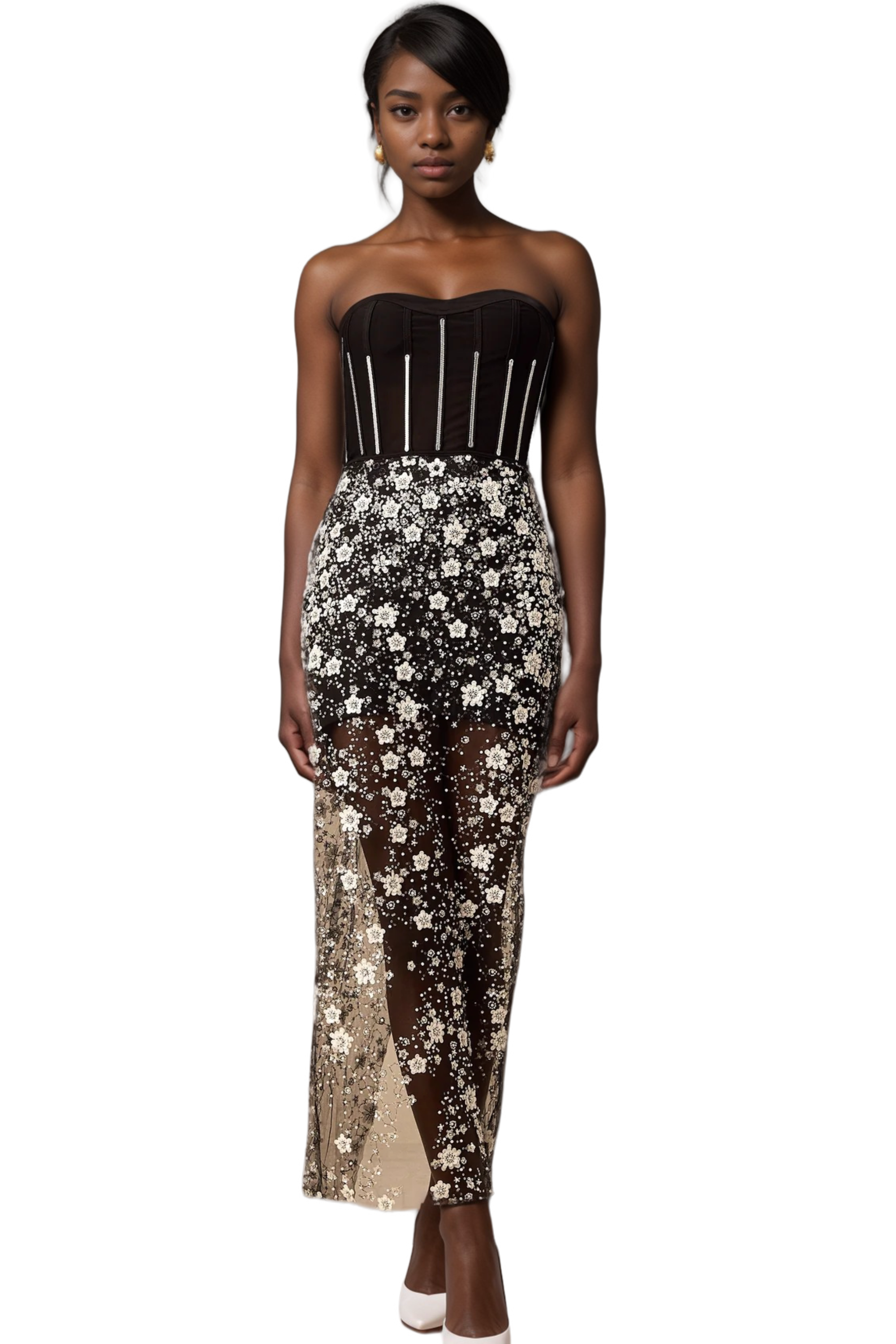 Flowering Girl Women Ophélie Black Sequined Flower Corset Midi Dress