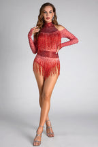 Flowering Girl Women Lillelis Halter Rhinestone Fringe Mesh Bodysuit