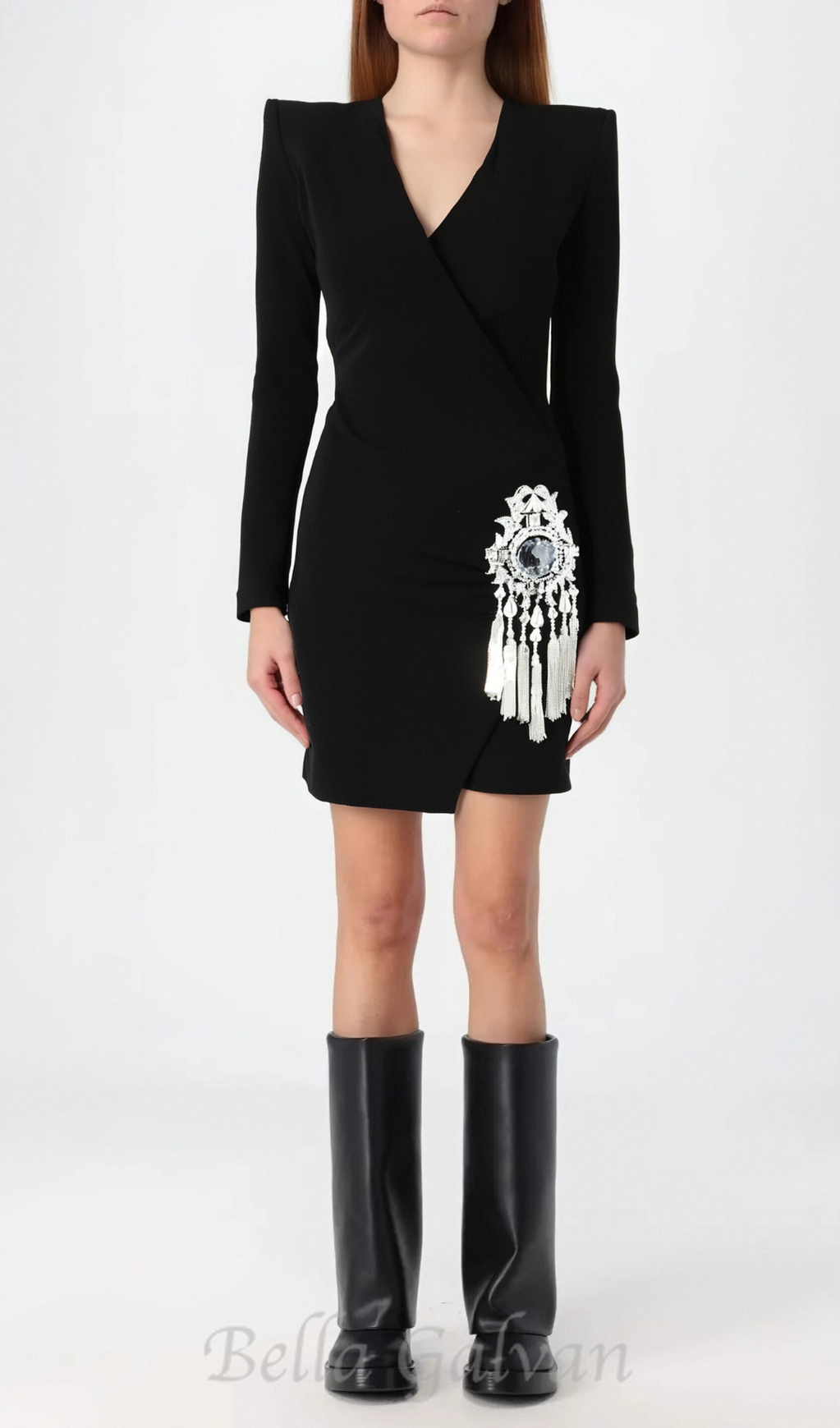 Flowering Girl Women crystal draped embellished black mini dress