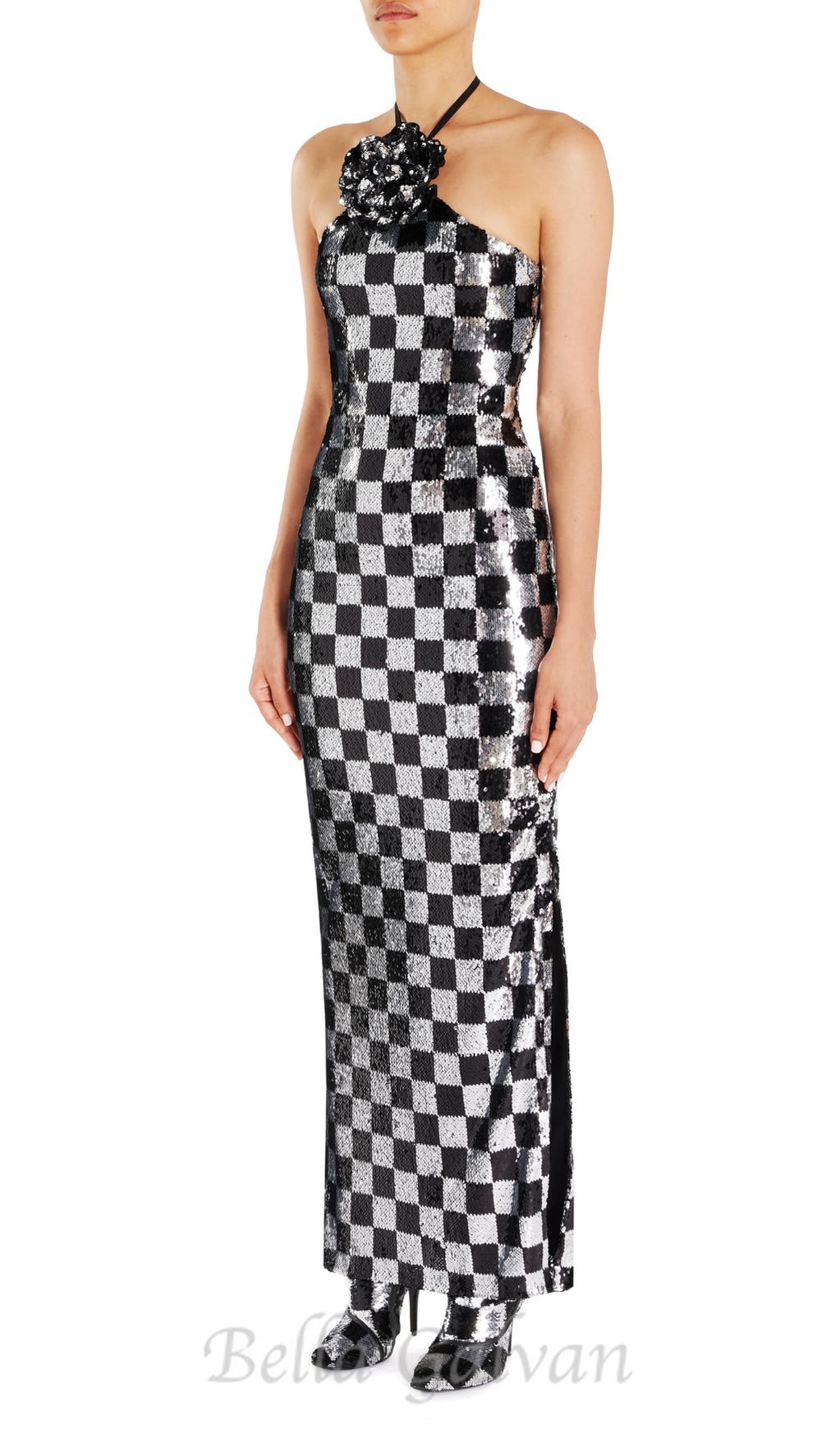 Flowering Girl Women checkerboard sequin halter gown with flower