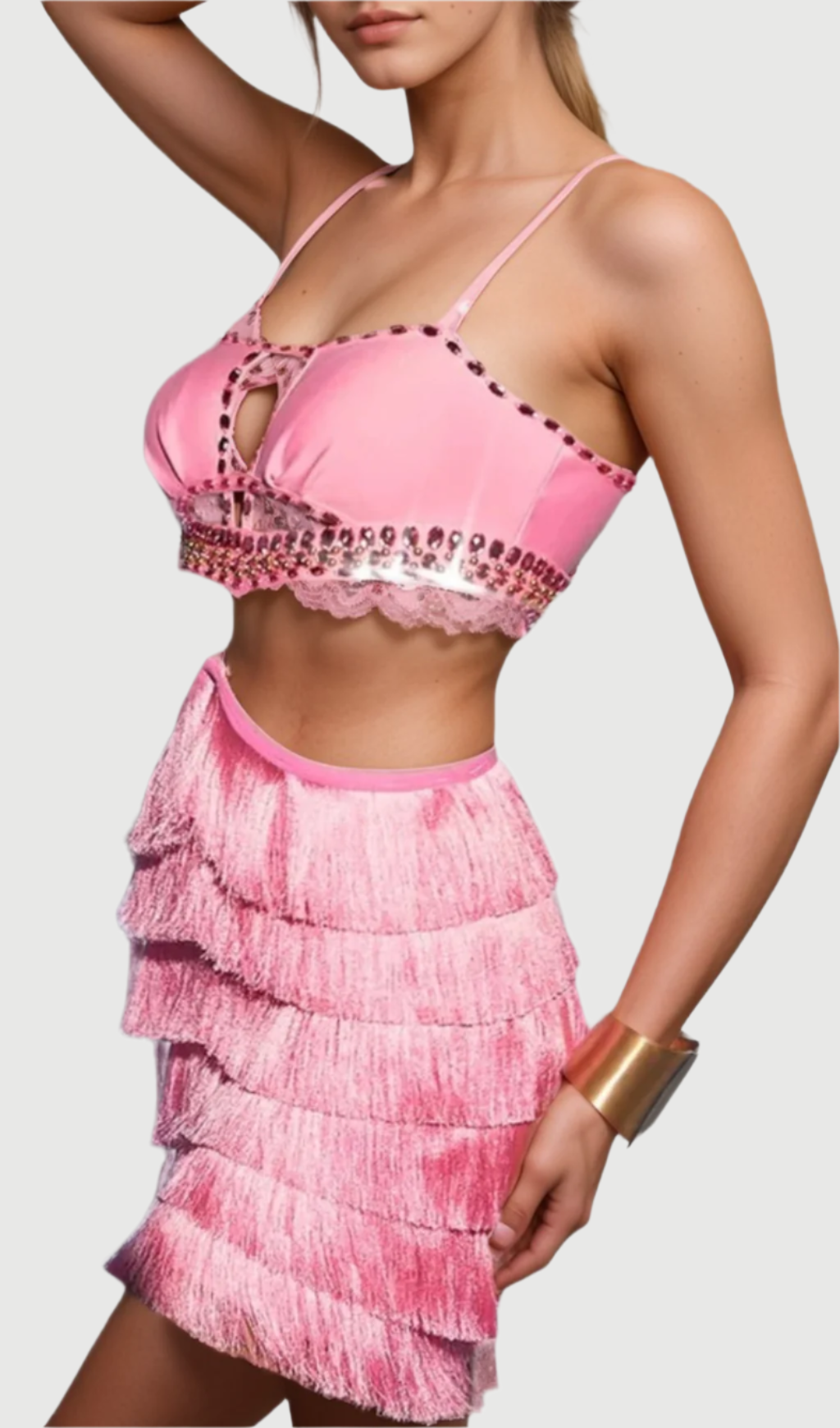 Flowering Girl Women PINK RHINESTONE CUTOUT FRINGE DRESS