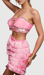 Flowering Girl Women PINK RHINESTONE CUTOUT FRINGE DRESS