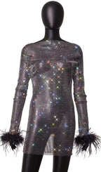 Flowering Girl Women Feather Embellished Mesh Mini Dress