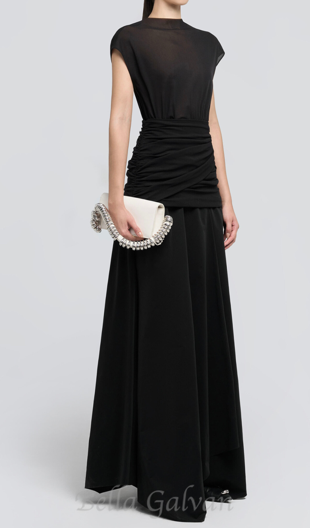 Flowering Girl Women black Waist cross pleats midi dress with asymmetric hemline