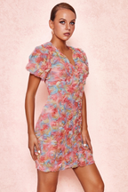 Flowering Girl Women Fawn Flower Embroidery Button Mini Dress In Pink