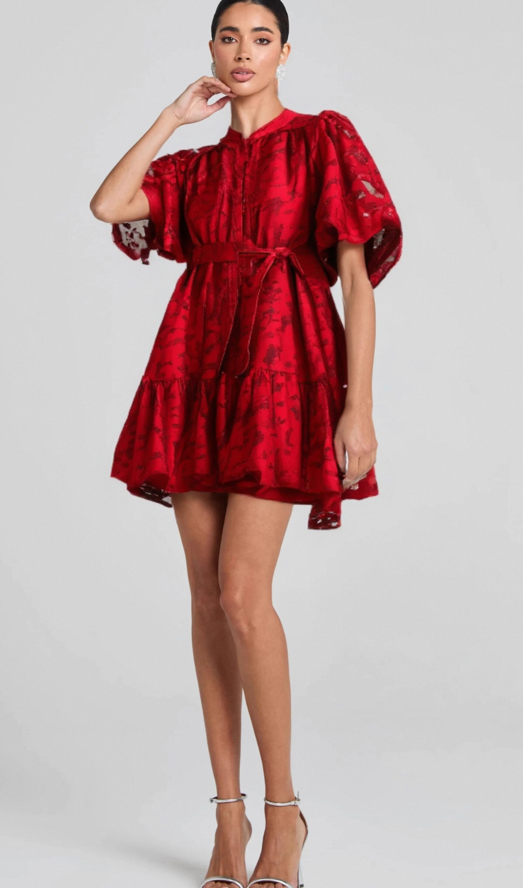 Flowering Girl Women AthÉnaÏs red jacquard semi-sheer mini dress