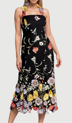 Flowering Girl Women Halter Embroider Floral midi Dress in black