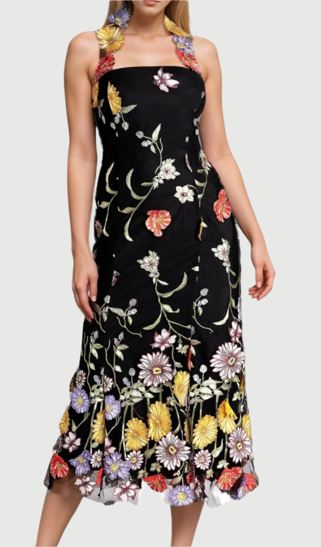 Flowering Girl Women Halter Embroider Floral midi Dress in black