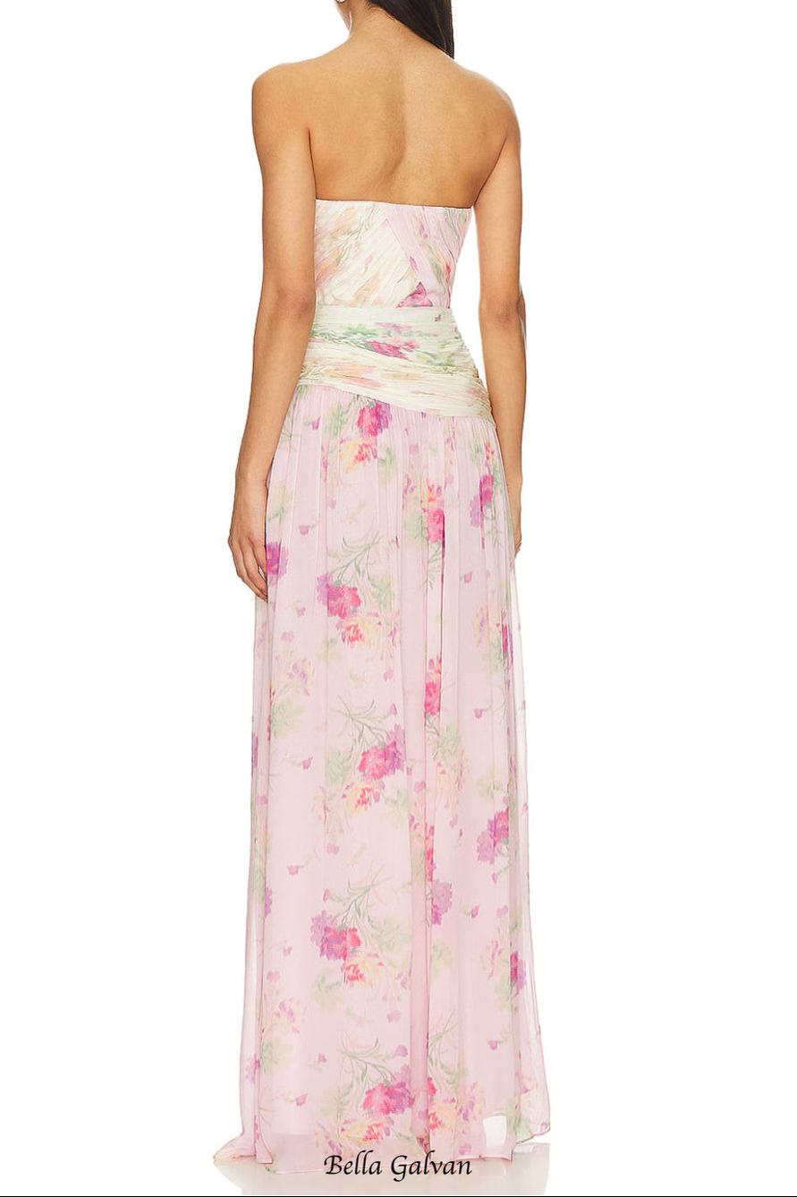 PINTIL STRAPLESS PLEATED FLORAL MAXI DRESS IN MULTI