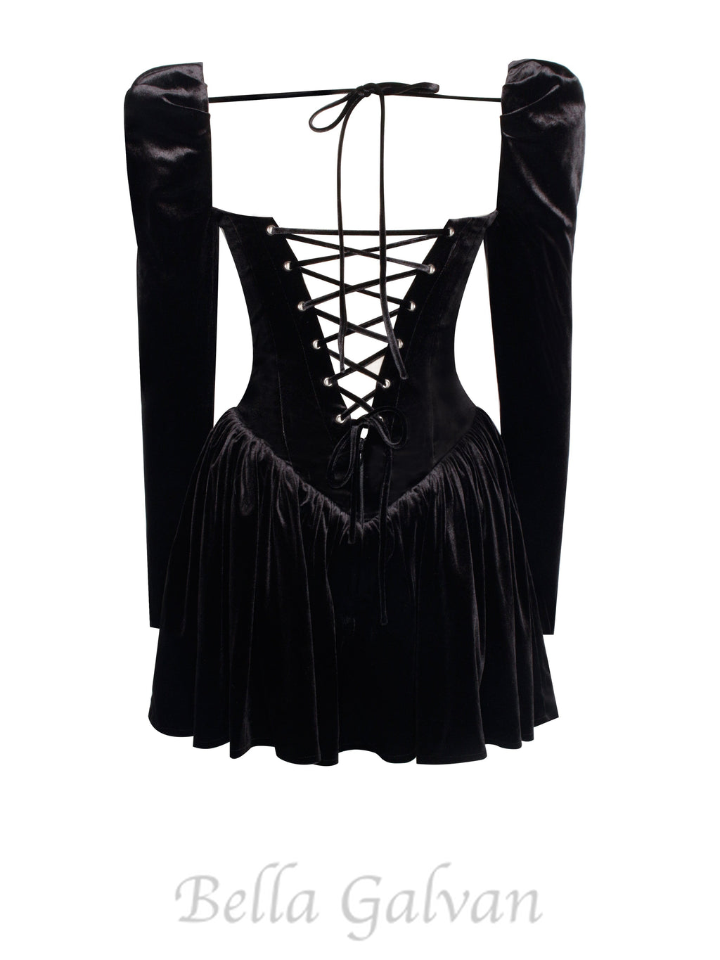 Flowering Girl Women Yolanda Black Velvet Long Sleeve Mini Dress with Lace Trim