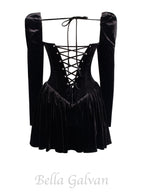 Flowering Girl Women Yolanda Black Velvet Long Sleeve Mini Dress with Lace Trim