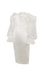 LYDIA PEARL WHITE SATIN OFF SHOULDER PUFF SLEEVE DRESS Dresses styleofcb 