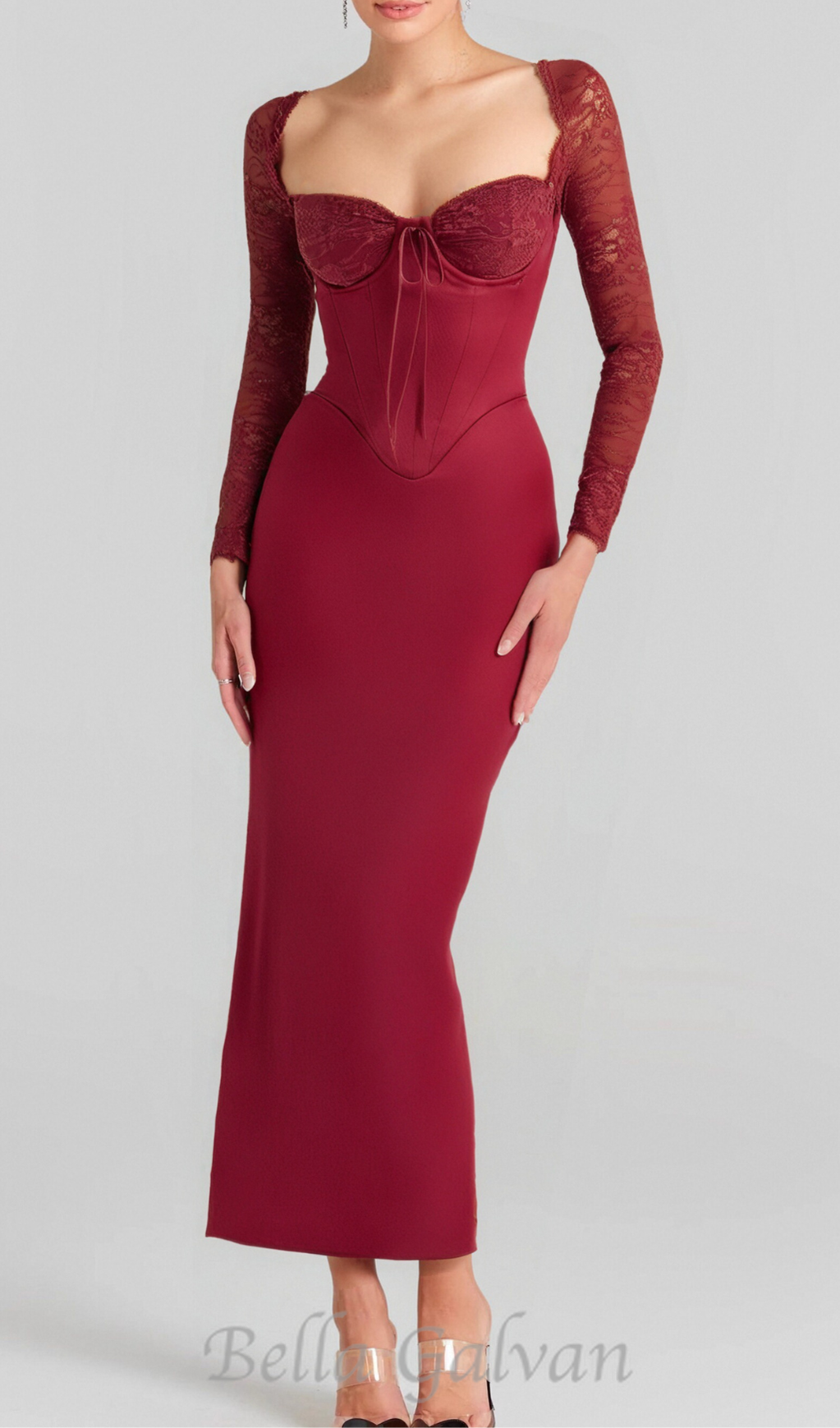 Flowering Girl Women satin corset maxi dress in burgundy