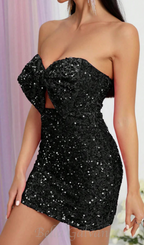 Flowering Girl Women black Cut Out Bodycon Sequin Mini Dress With Bow