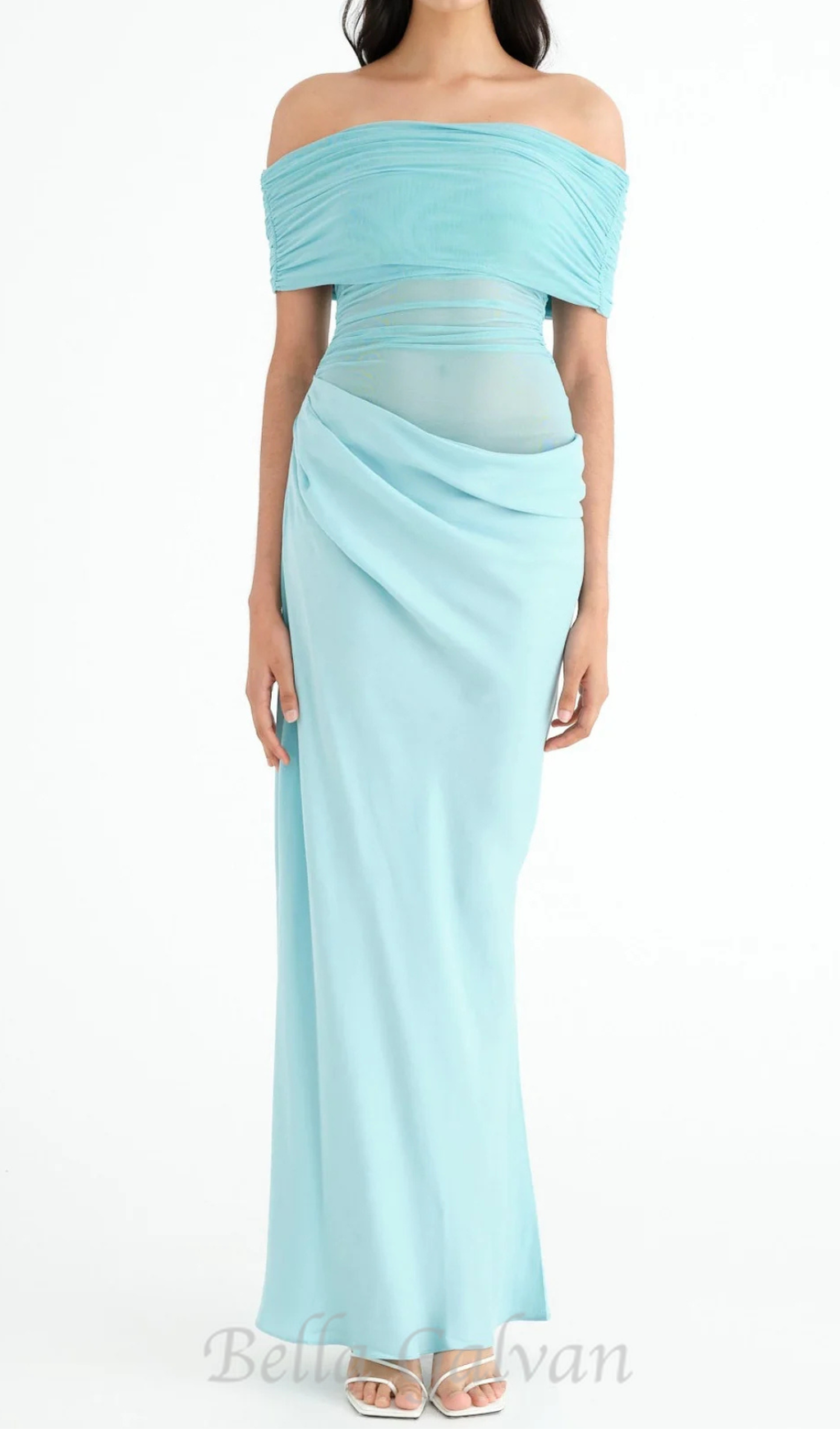 Flowering Girl Women Off Shoulder Ruched Mesh Maxi Dress in Blue