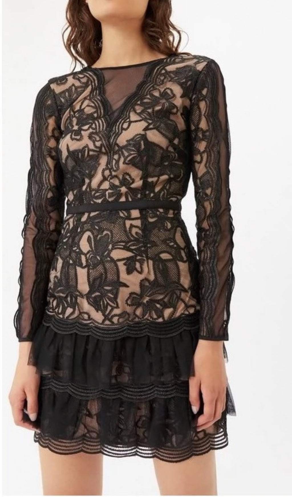Flowering Girl Women Black Tulle Ruffle Hem Embroidered Lace Mini Dress