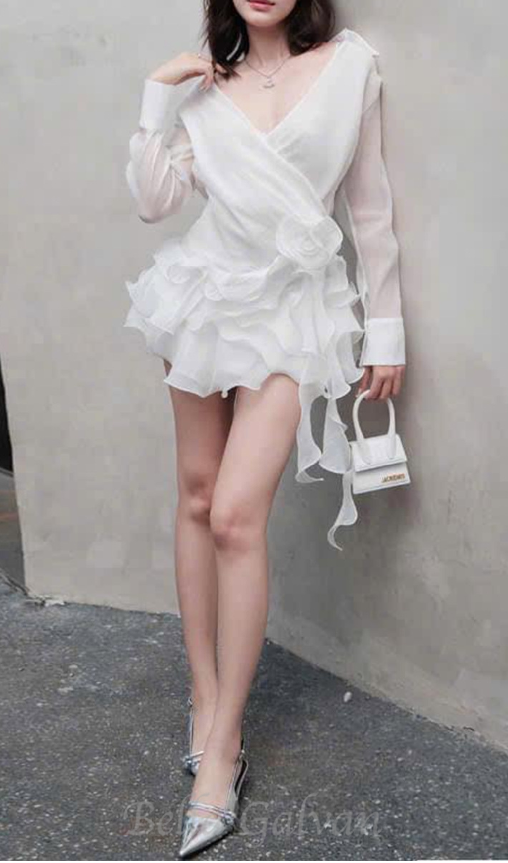 Flowering Girl Women flower ruffle ribbon mini dress in white