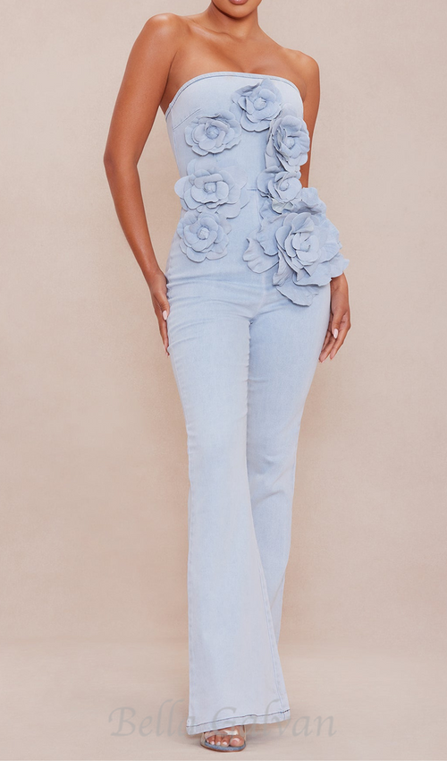 Flowering Girl Women Berlin Floral Denim Jumpsuit in Light Wash