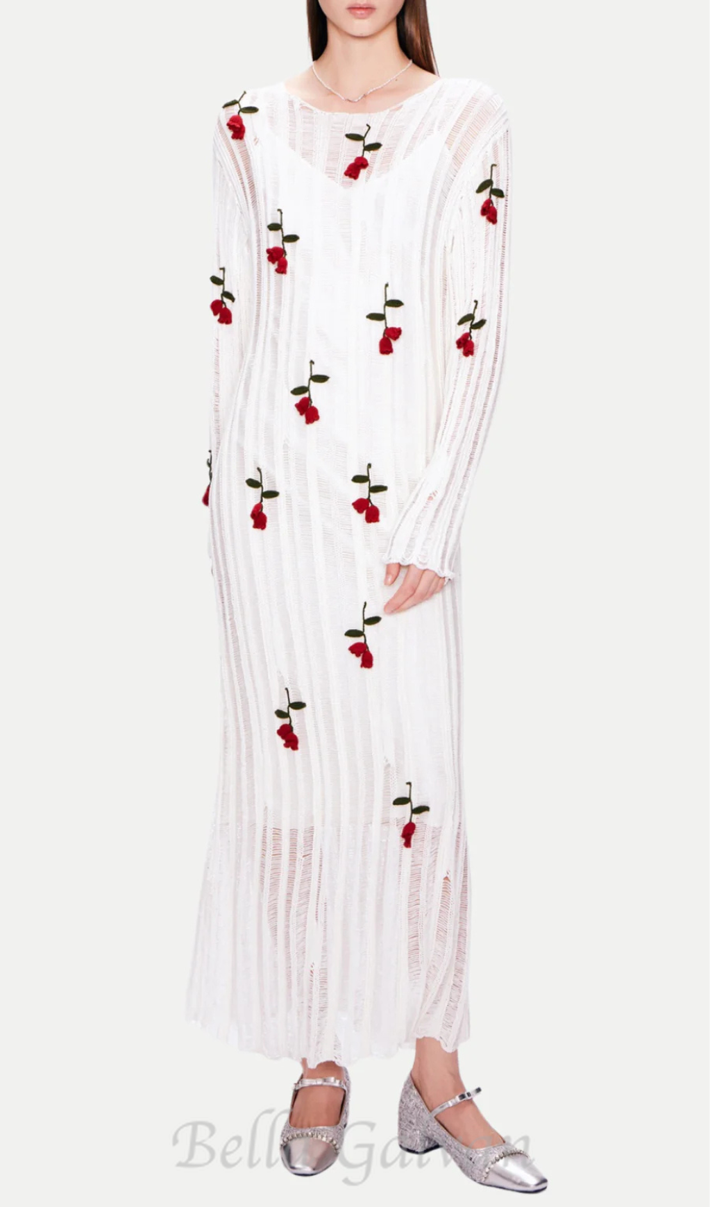 Flowering Girl Women Hilaria Rose Handcrafted Knit Midi Dress in White