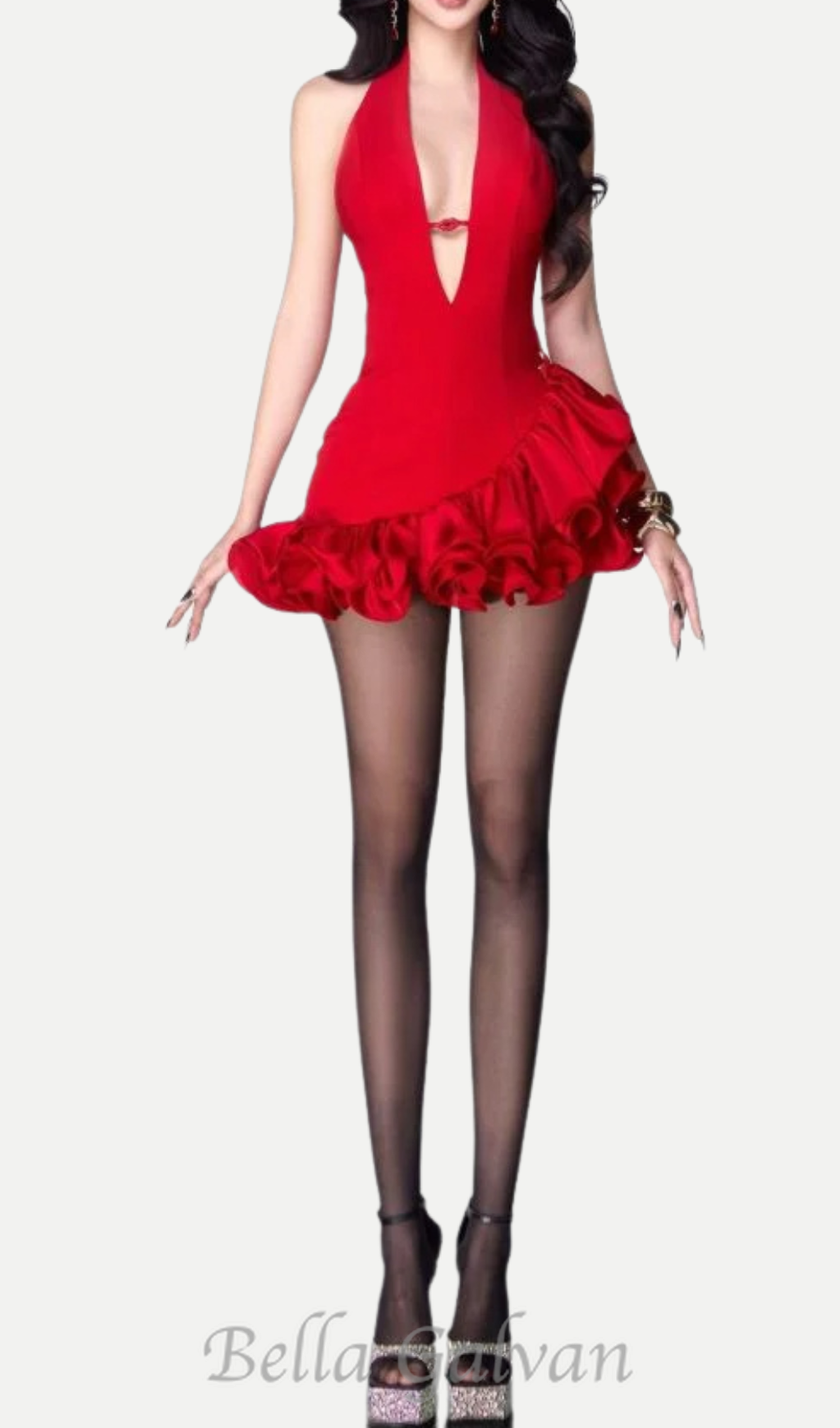 Flowering Girl Women v-neckline ruffle trim mini dress in red