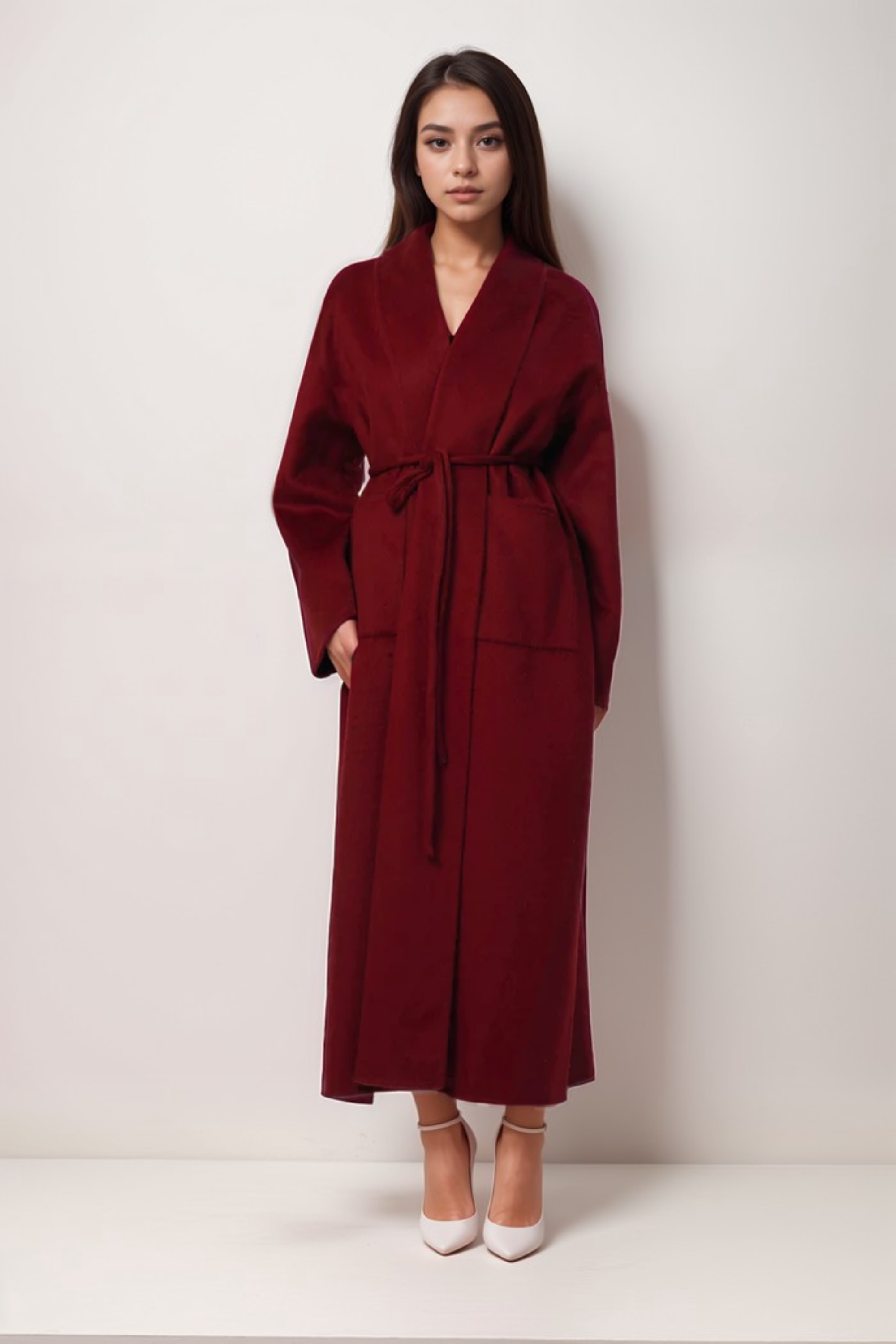 Flowering Girl Women Luxurious Deep Red Belted Wool Coat With Oversized Fit