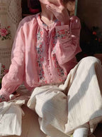 trista Loose Crew Neck Lantern Sleeve Embroidered Top