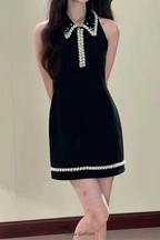Flowering Girl Women pearl embellished gold chain splice mini dress in black