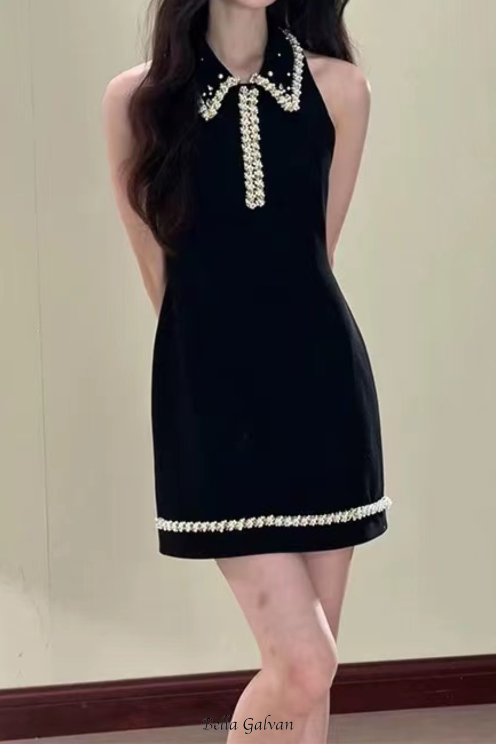 Flowering Girl Women pearl embellished gold chain splice mini dress in black