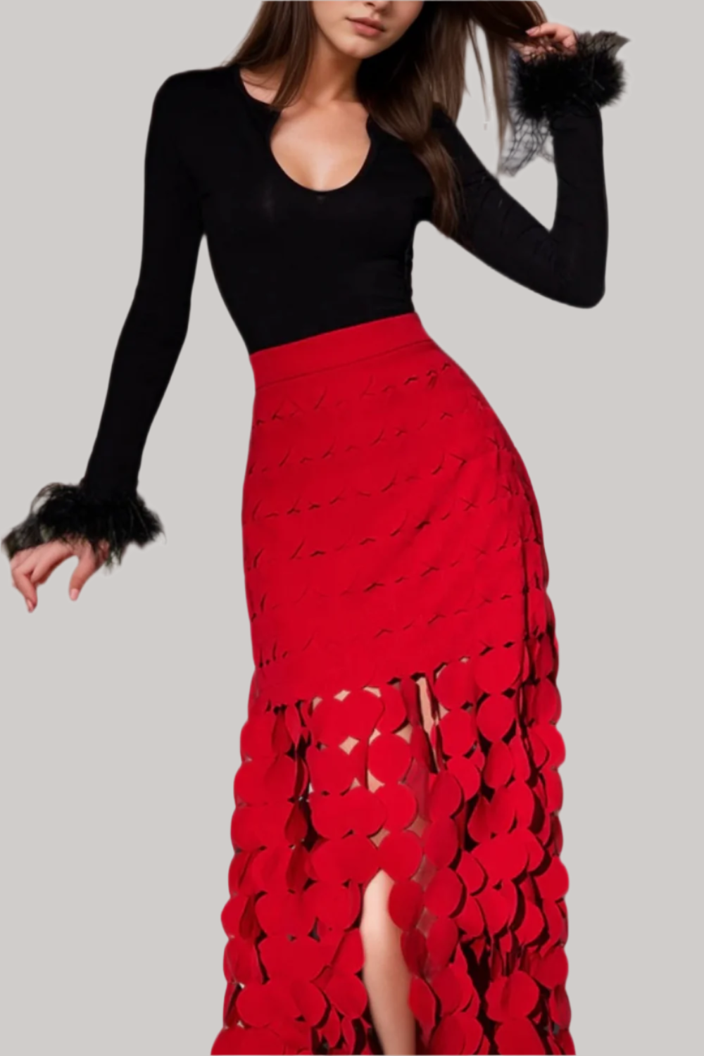 Flowering Girl Women CIRCLE CUTOUT FRINGE SKIRT IN RED