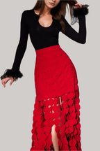 Flowering Girl Women CIRCLE CUTOUT FRINGE SKIRT IN RED