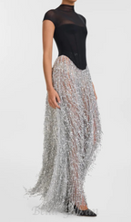 Flowering Girl Women tassel sequin black corset maxi dress