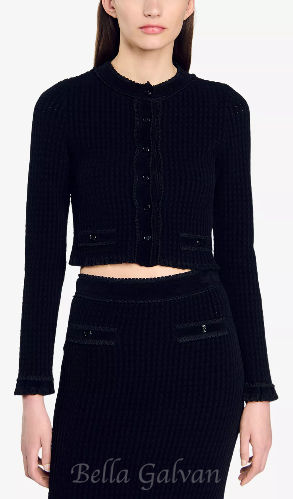 Flowering Girl Women Velvet-texture cropped knitted cardigan in noir
